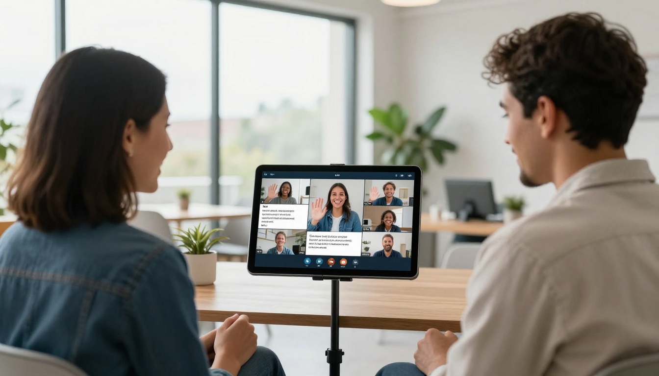 Two people on a multilingual video call with live captions visible, bright modern co-working space