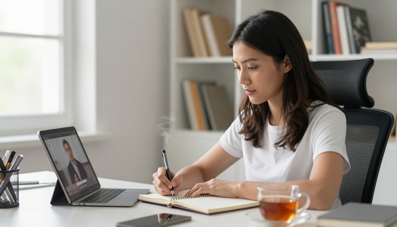 A young woman taking notes while watching an e-learning video on a tablet in a bright home office