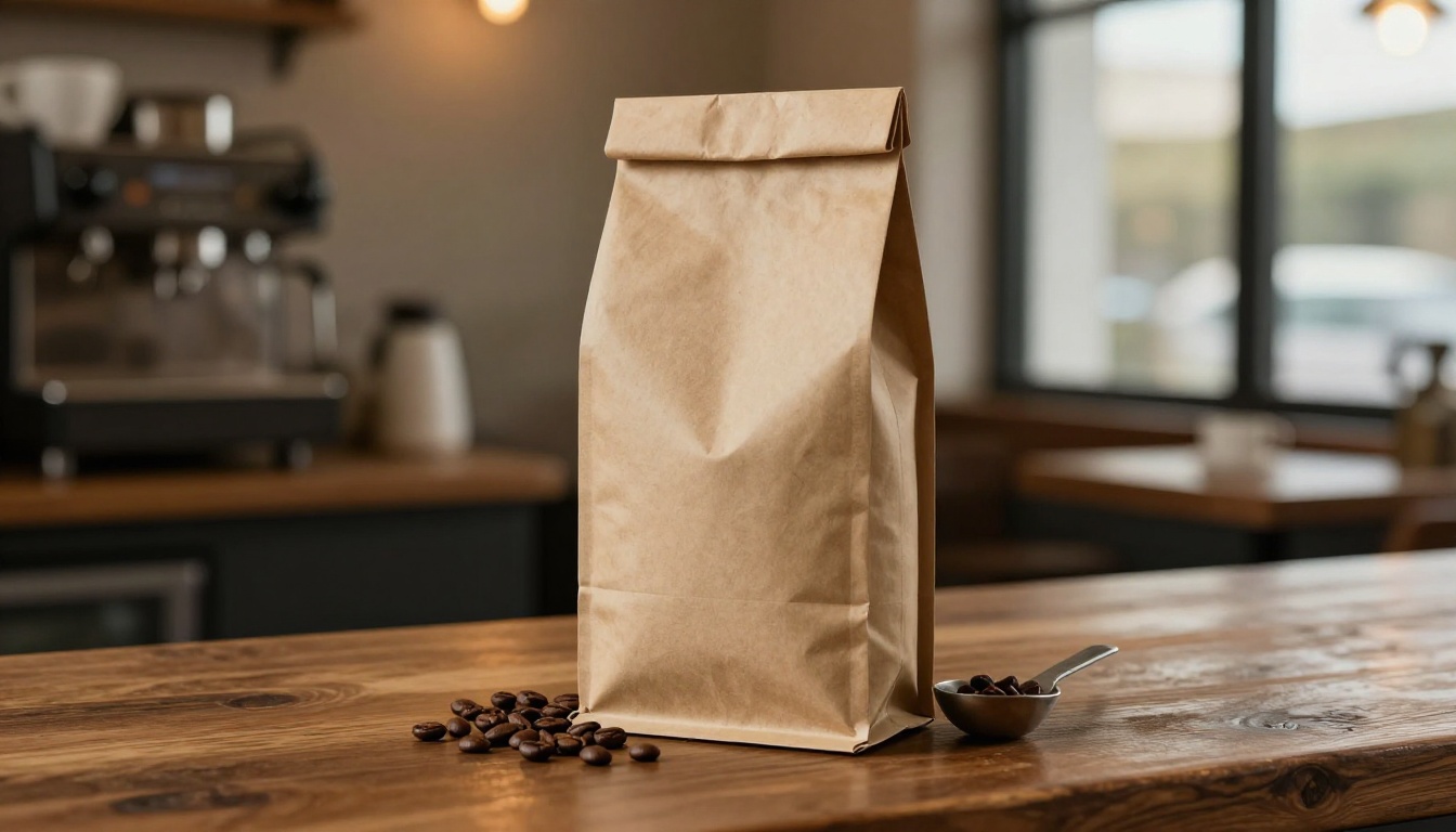 Artisan kraft paper coffee bag packaging mockup on rustic wooden cafe counter with warm light