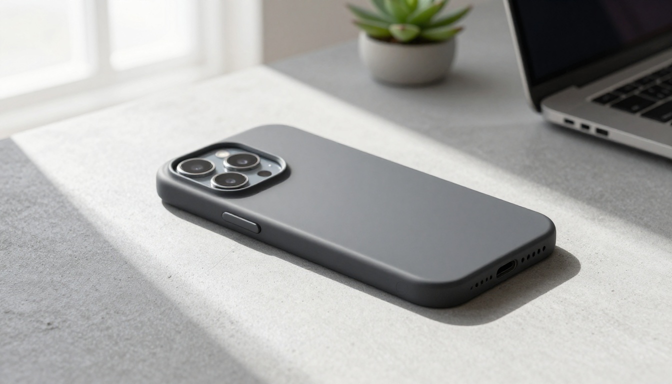 Smartphone case mockup on concrete desk with window light and lifestyle context