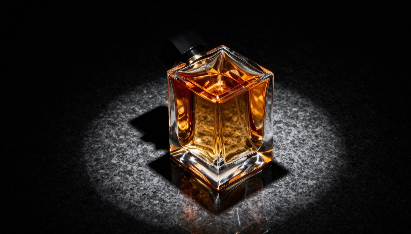 Luxury perfume bottle on black granite with dramatic overhead spotlight and caustic light patterns Luxury perfume bottle on black granite with dramatic overhead spotlight and caustic light patterns