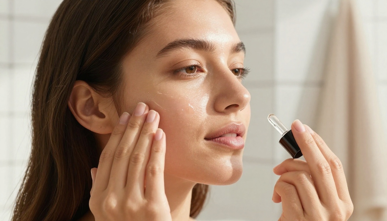 Woman applying serum from dropper bottle in warm morning bathroom light Woman applying serum from dropper bottle in warm morning bathroom light