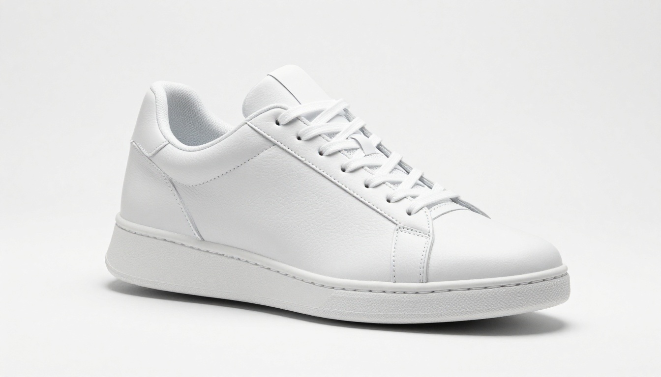White sneaker product mockup with overhead studio lighting and full material detail