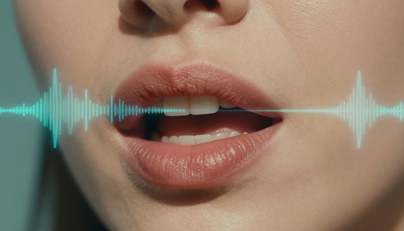 Close-up of woman's lips mid-speech with audio waveform visualization