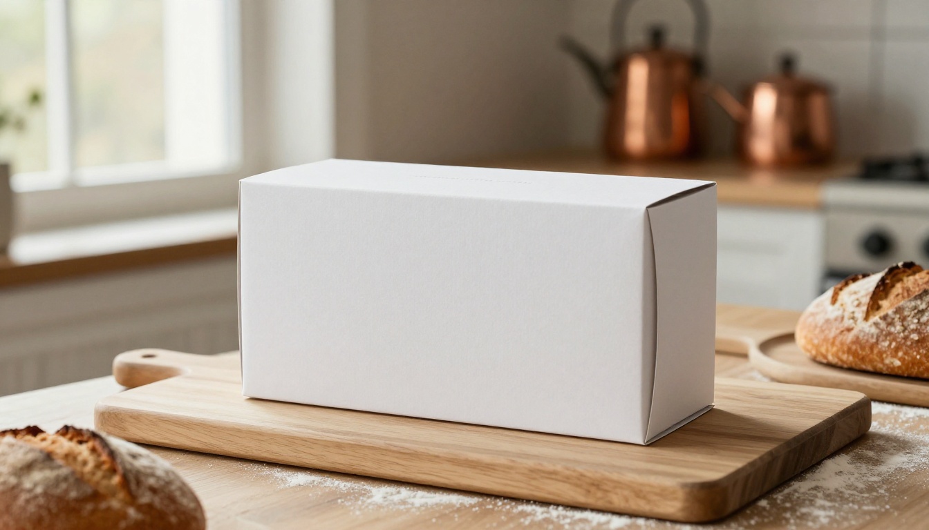 Food packaging mockup on oak cutting board in warm artisan kitchen morning light Food packaging mockup on oak cutting board in warm artisan kitchen morning light