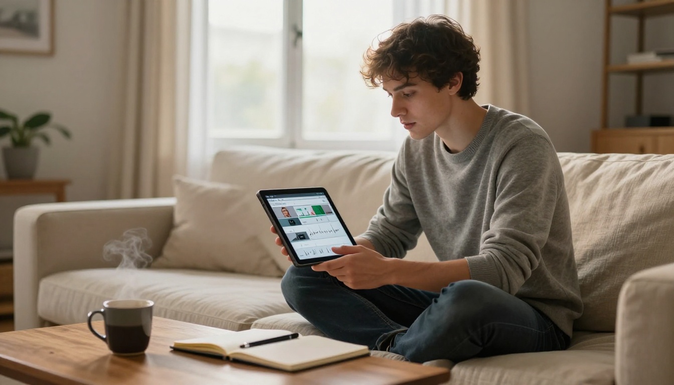 Content creator reviewing lipsync output on a tablet in a Scandinavian living room