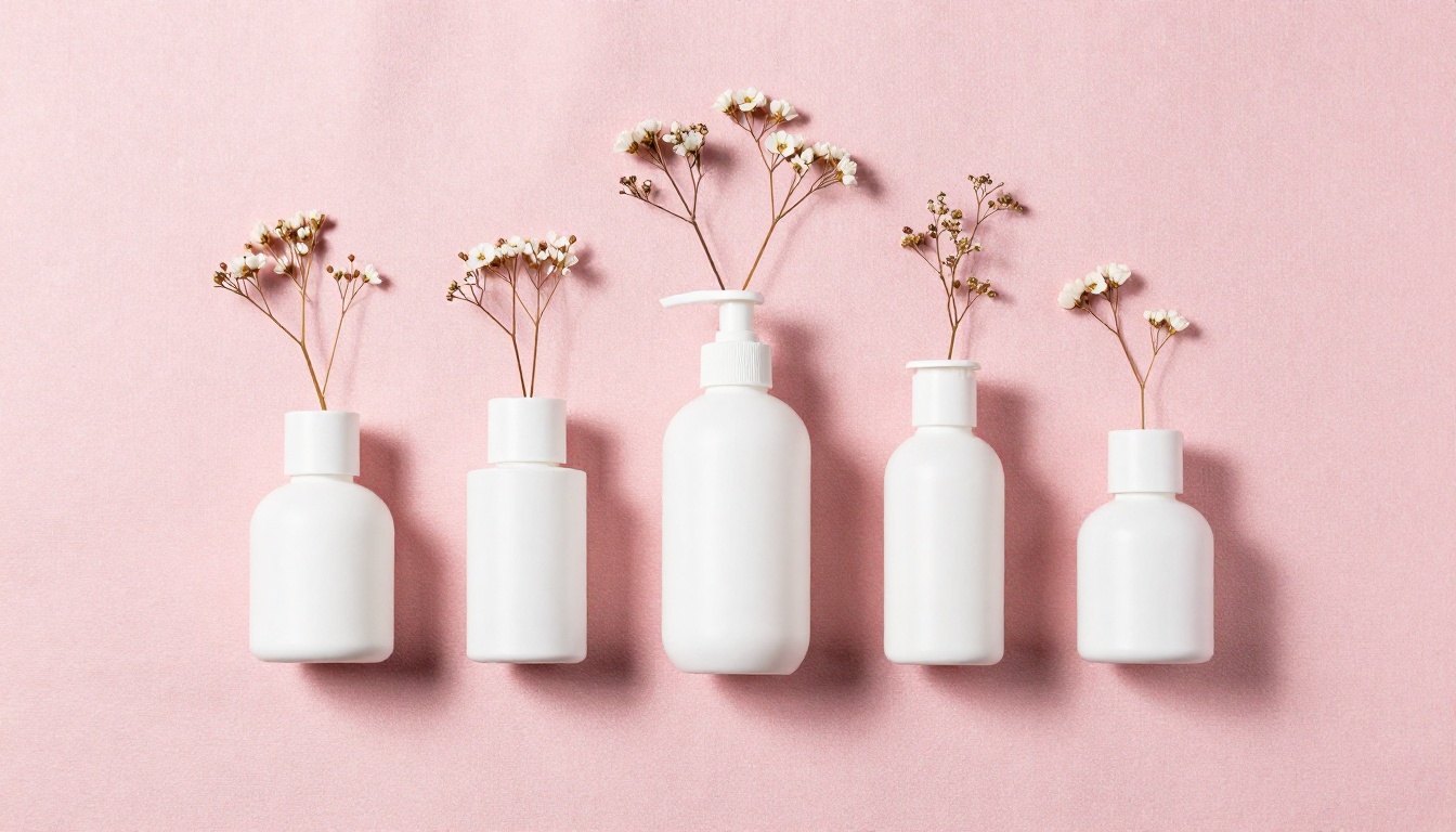 Flat lay of five matching cosmetic bottles on pink fabric with dried botanicals and flowers