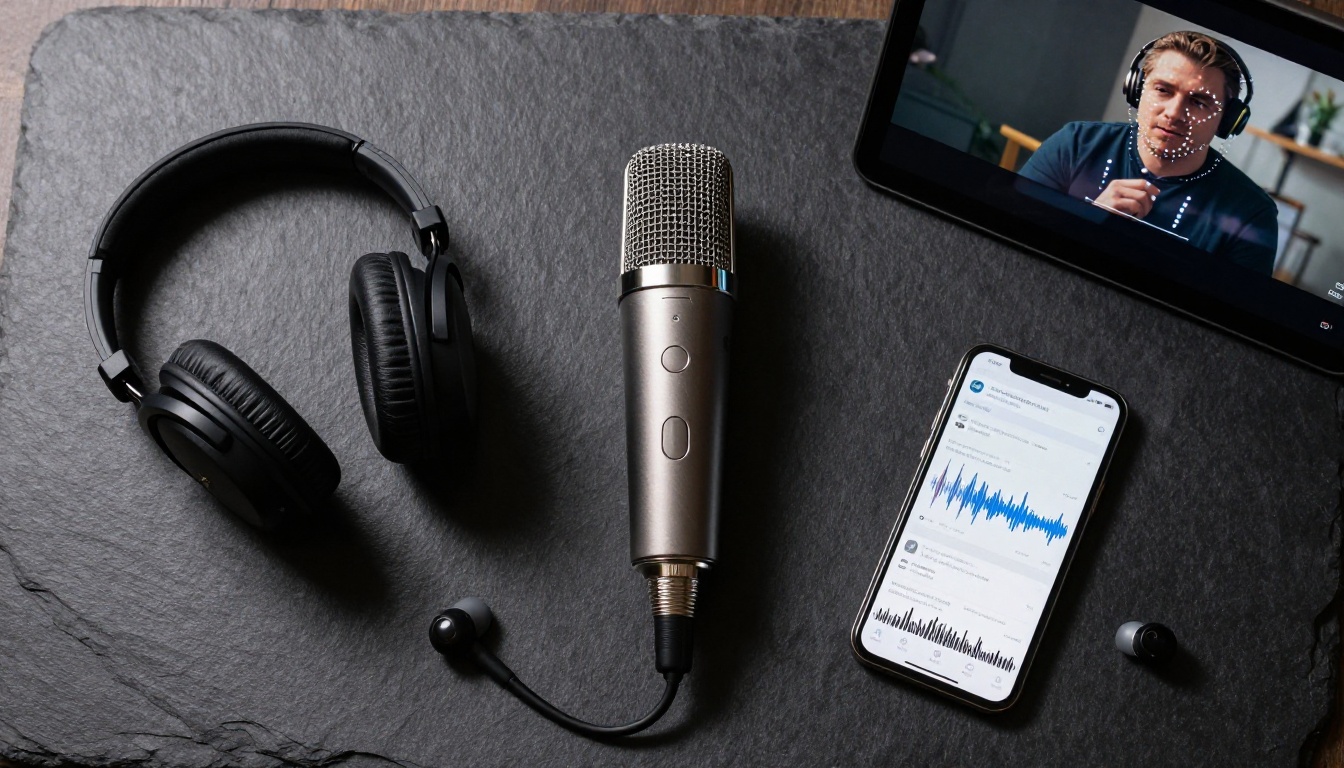 Professional audio and video production equipment flat-lay on dark surface