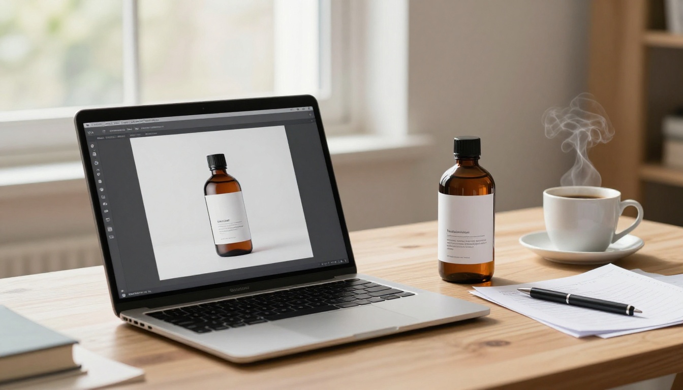 Product designer workspace with MacBook and sample bottle, warm creative studio atmosphere Product designer workspace with MacBook and sample bottle, warm creative studio atmosphere