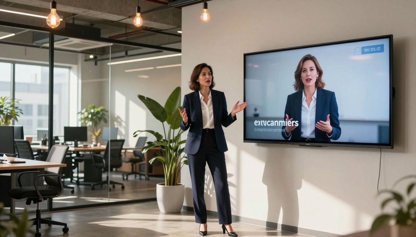 Female marketing professional presenting video content on a large office monitor