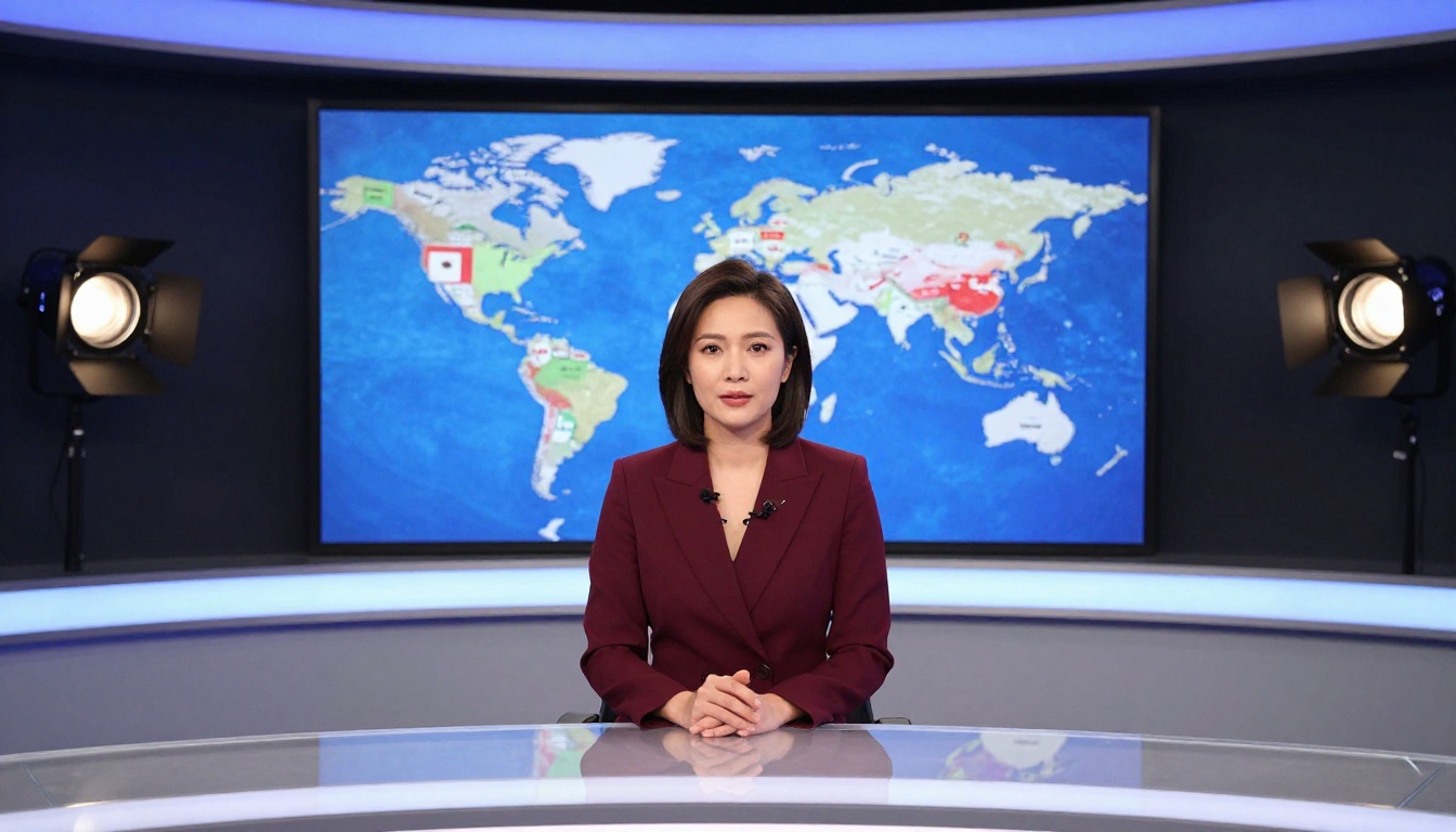 News anchor in a modern broadcast studio with multilingual display behind her News anchor in a modern broadcast studio with multilingual display behind her