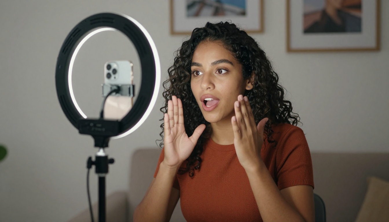 Young woman recording a social media video in front of a ring light at home