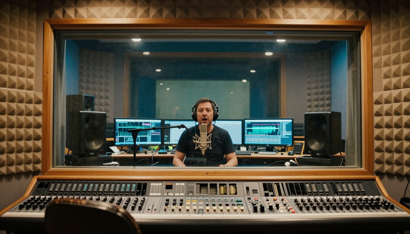 Male voice actor speaking into a professional microphone inside a recording studio booth Male voice actor speaking into a professional microphone inside a recording studio booth