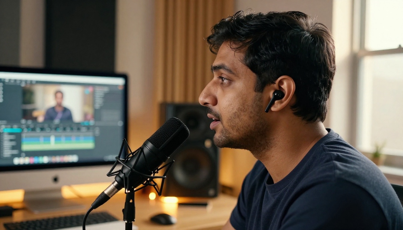 South Asian man speaking into a cardioid microphone in a warm home studio setting South Asian man speaking into a cardioid microphone in a warm home studio setting