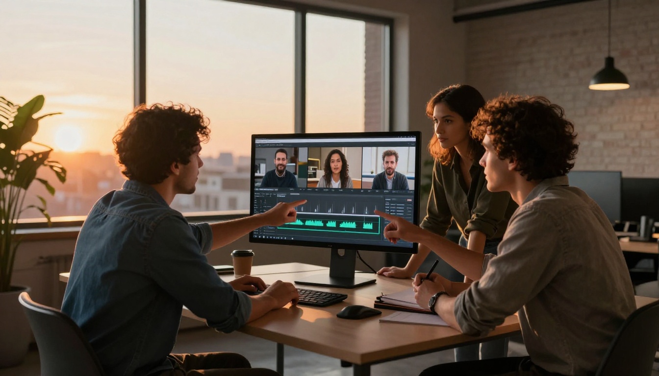 Creative team reviewing a lipsync video timeline at a curved monitor during golden hour Creative team reviewing a lipsync video timeline at a curved monitor during golden hour