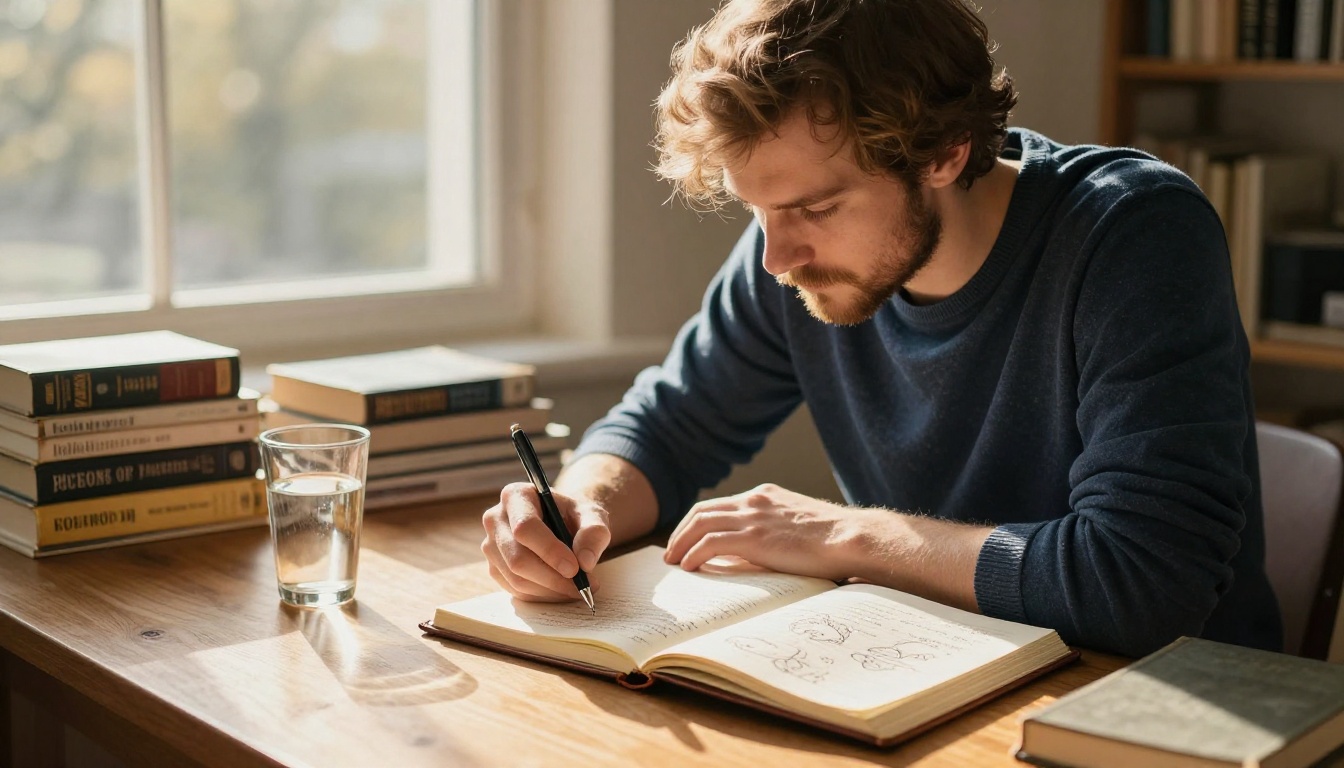 Writer crafting story outlines at a sunlit wooden desk