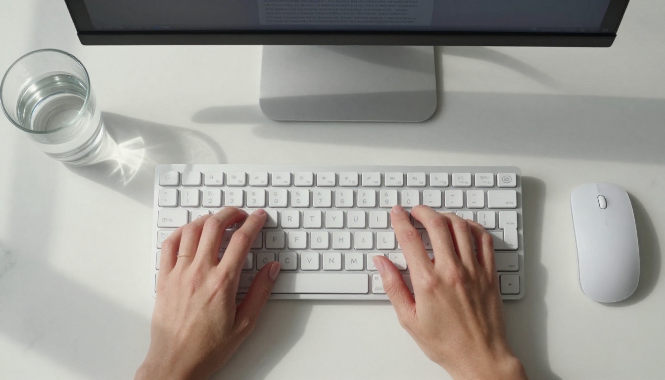 Overhead close-up of hands typing a narrative on a white marble desk