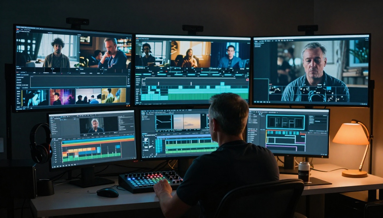 Professional video editing suite with timeline and color grading equipment