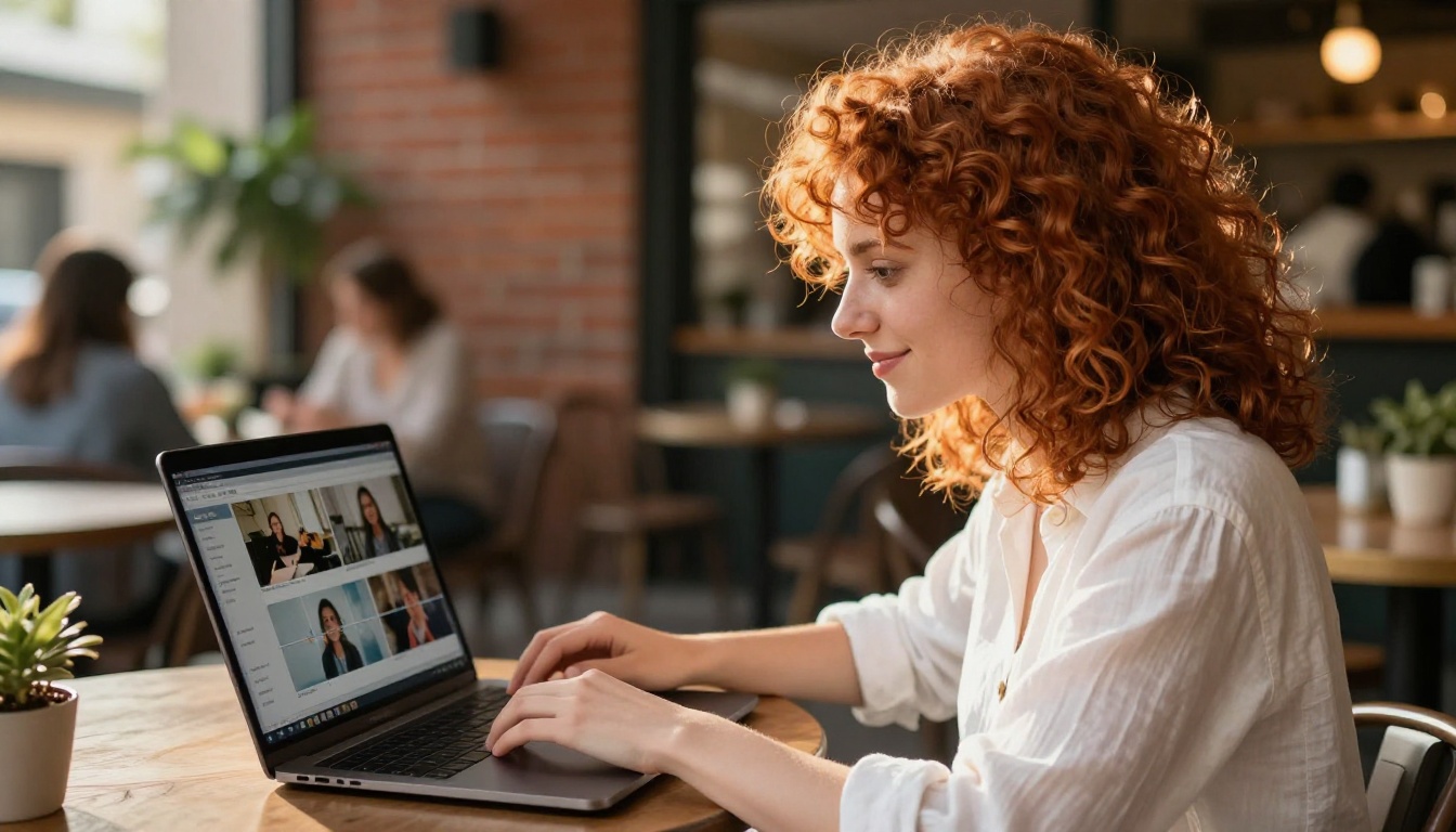 Female filmmaker with laptop showing video timeline at an outdoor cafe