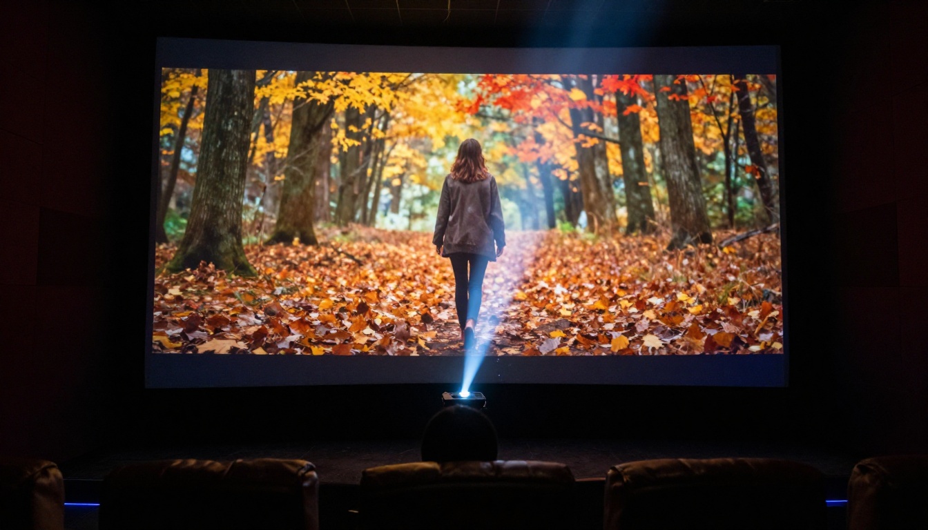 Film projection screen showing an autumn forest narrative scene in a darkened theater Film projection screen showing an autumn forest narrative scene in a darkened theater