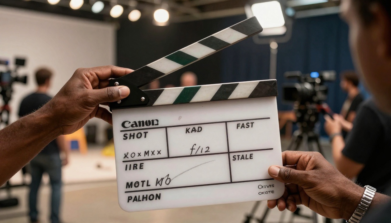 Professional filmmaker's hands holding a clapperboard on a production set