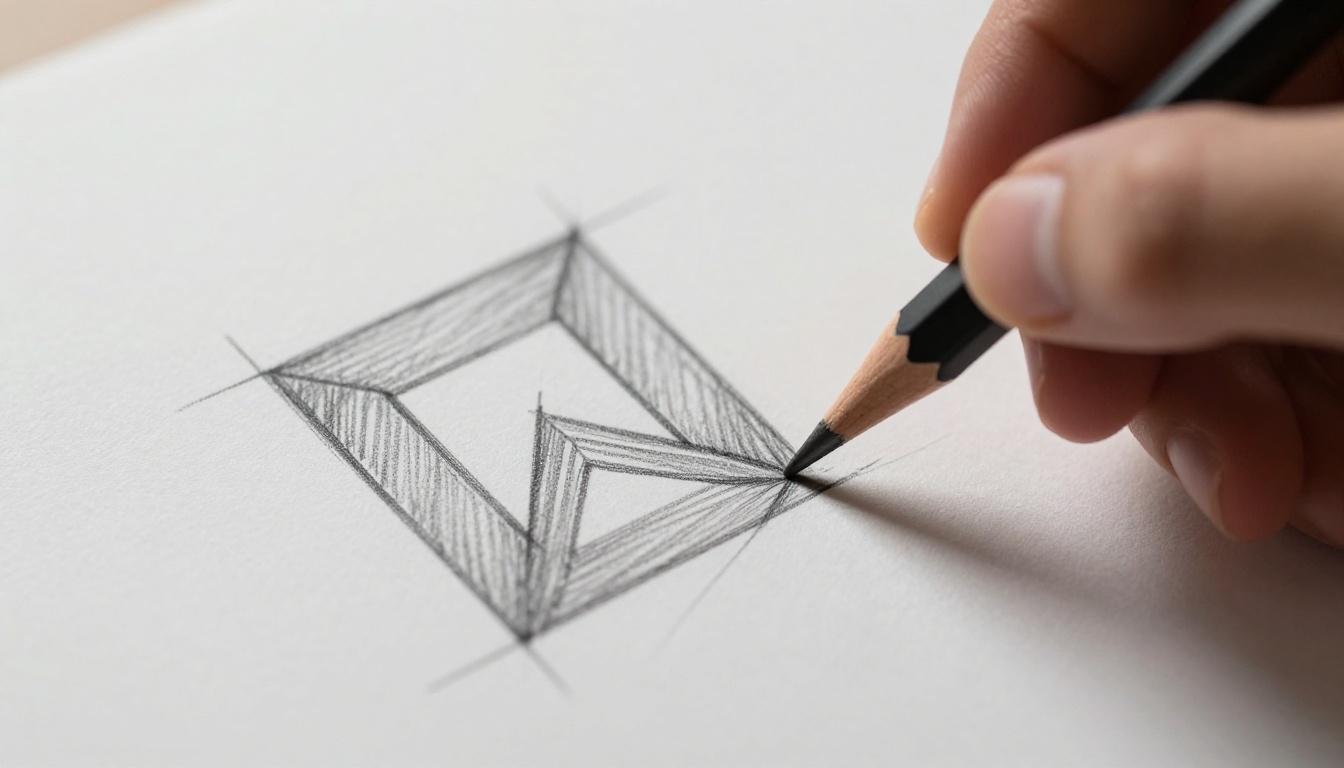 Close-up of a hand sketching geometric logo shapes on paper