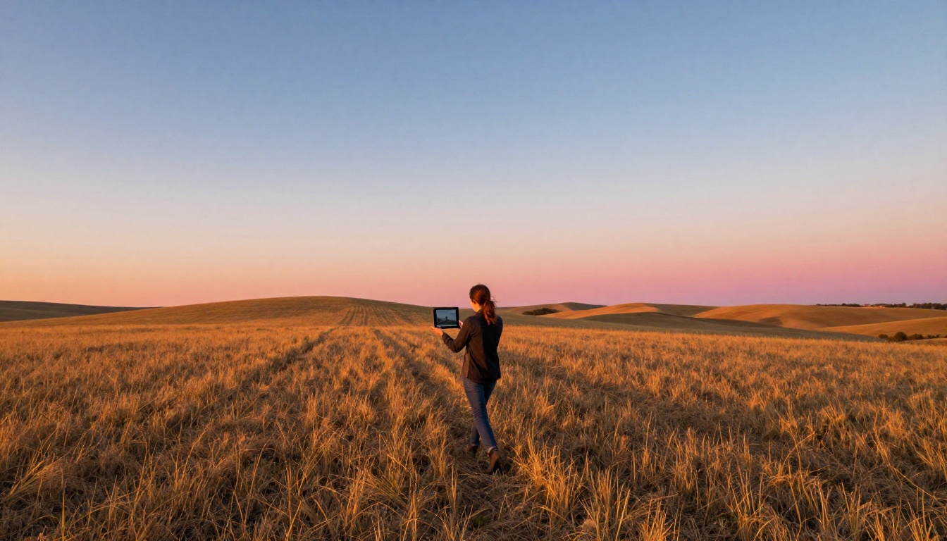 Filmmaker walking through a golden hour field holding a tablet with a video preview Filmmaker walking through a golden hour field holding a tablet with a video preview