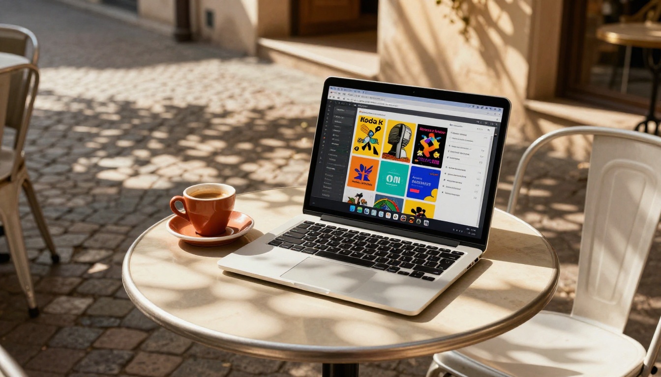 AI interface generating logo variations on a laptop at an outdoor cafe