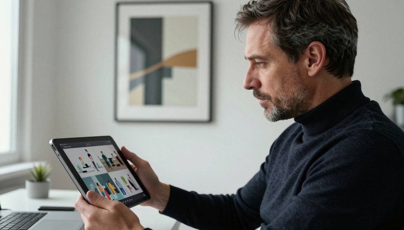 Creative director reviewing a video storyboard on a tablet in a minimalist office Creative director reviewing a video storyboard on a tablet in a minimalist office