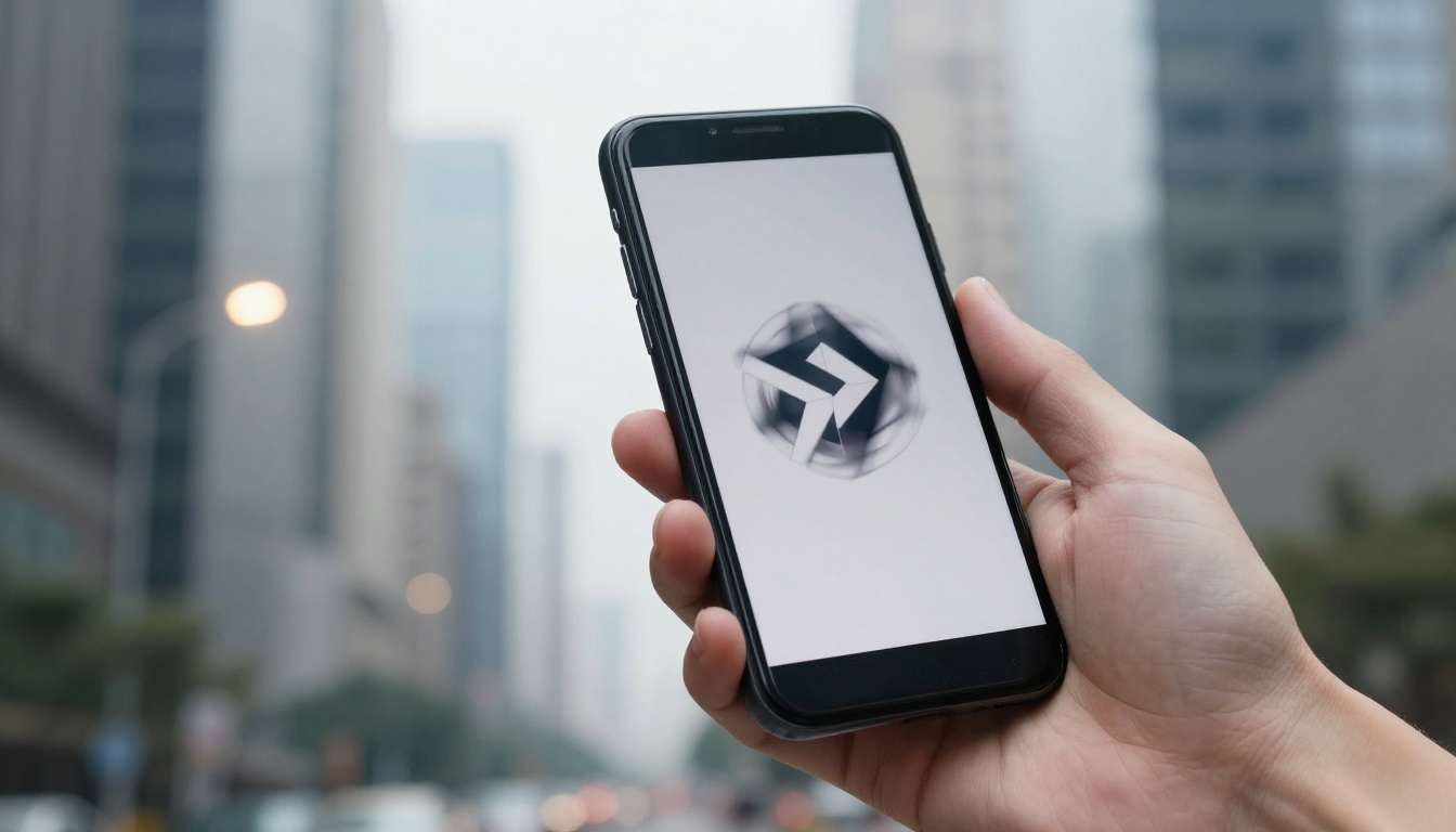 Smartphone displaying an animated logo with motion blur against an urban background