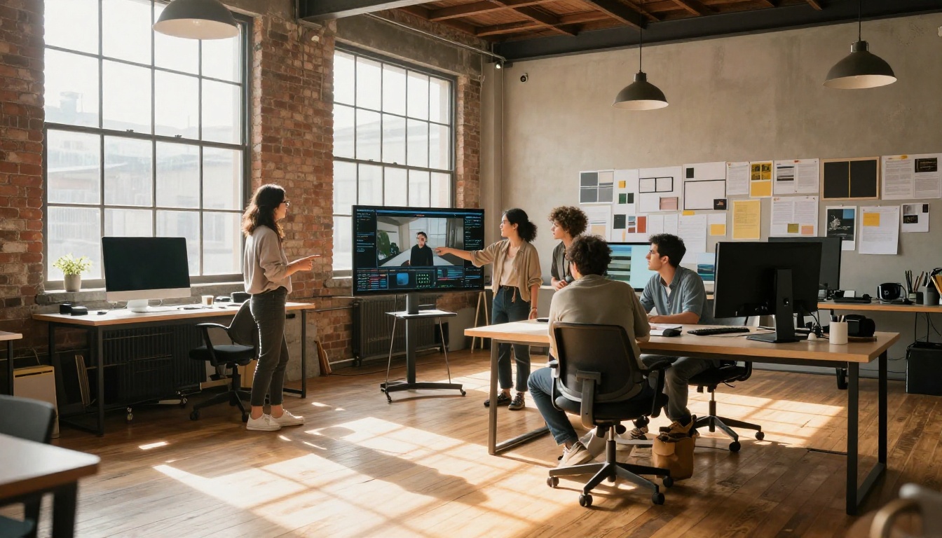 Creative team collaborating around a video story monitor in an industrial studio Creative team collaborating around a video story monitor in an industrial studio