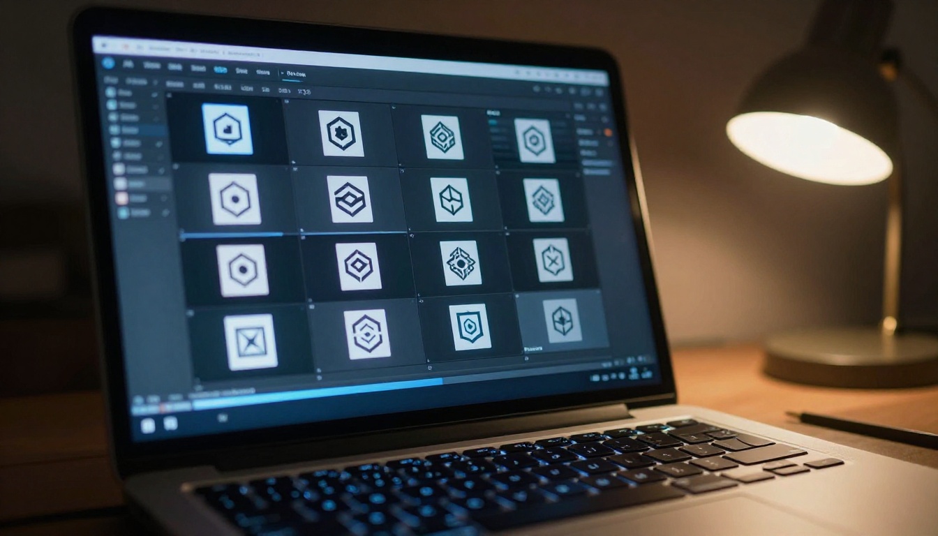 Laptop screen showing animation timeline with logo keyframes in a dark home office