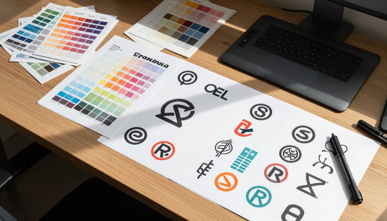 Brand identity materials flat-lay with logo sheets, color palettes, and design tools