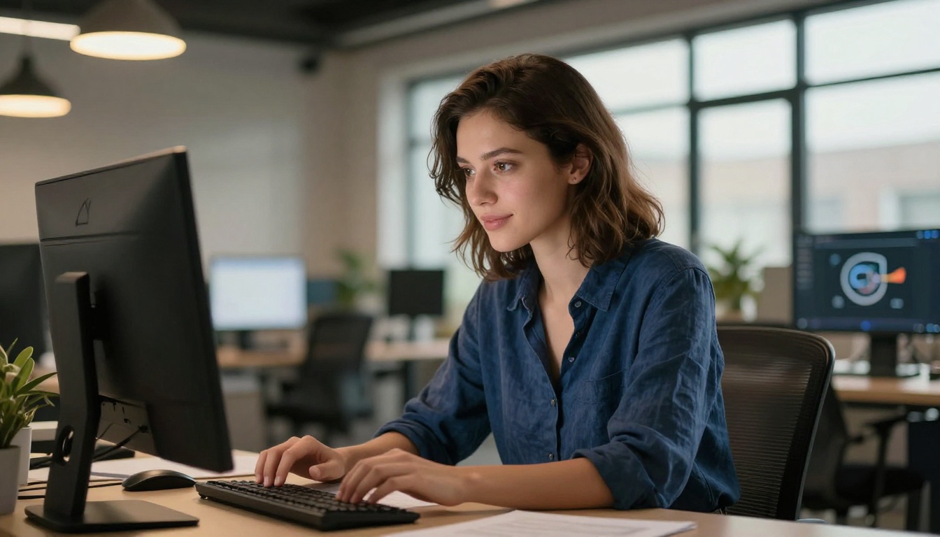 Designer looking at animated logo options on a monitor with focused expression
