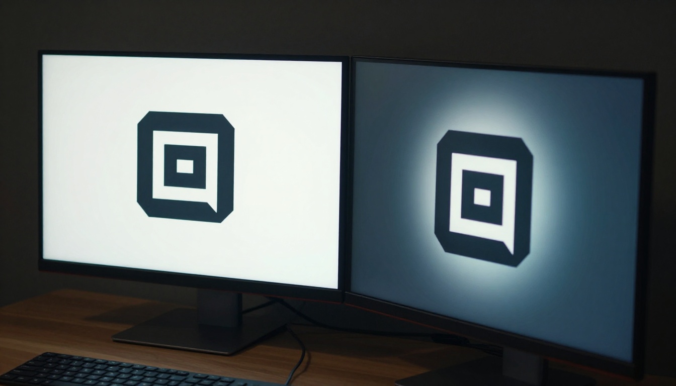Dual monitor setup comparing static logo on left screen with animated version on right