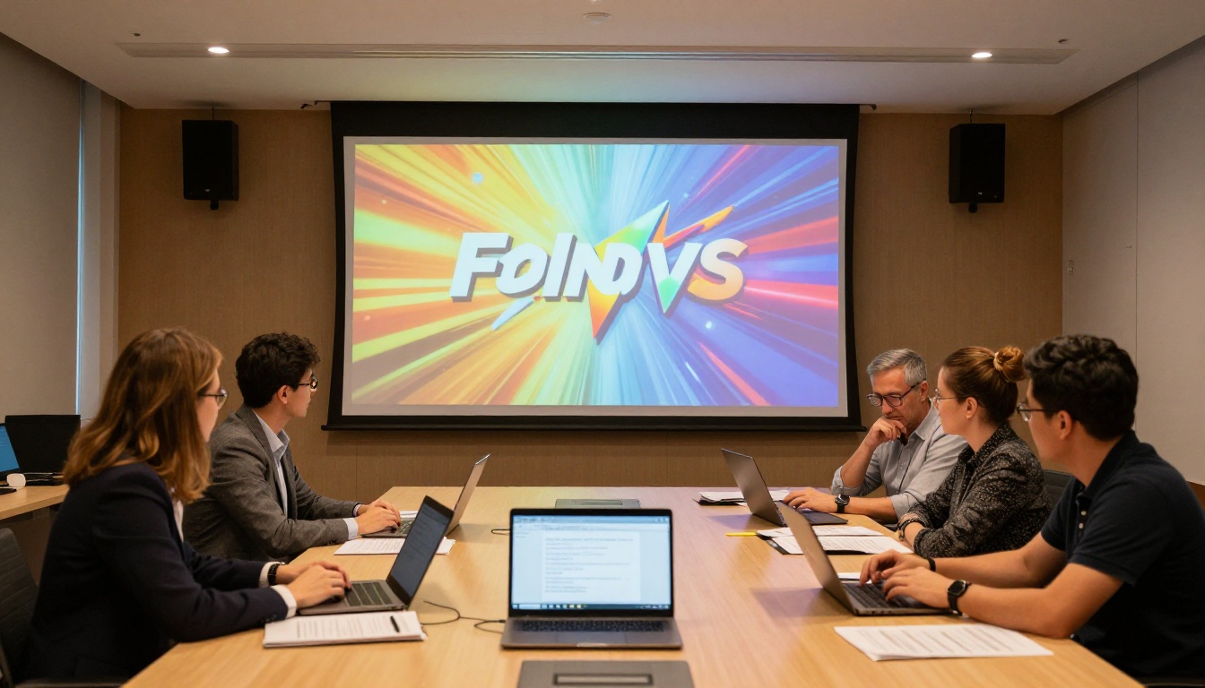 Team reviewing an animated logo presentation on a large screen in a modern meeting room