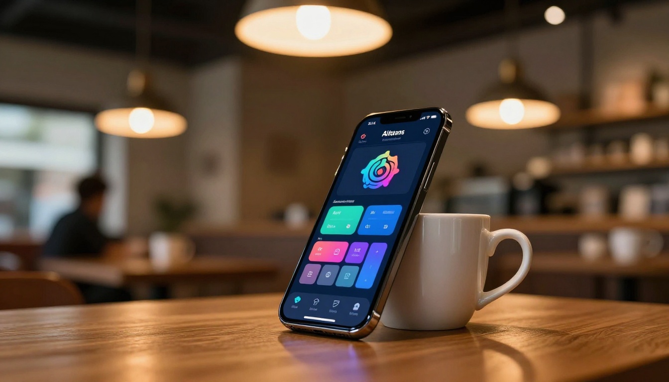 Smartphone propped against a coffee mug showing AI model parameter controls from a low angle