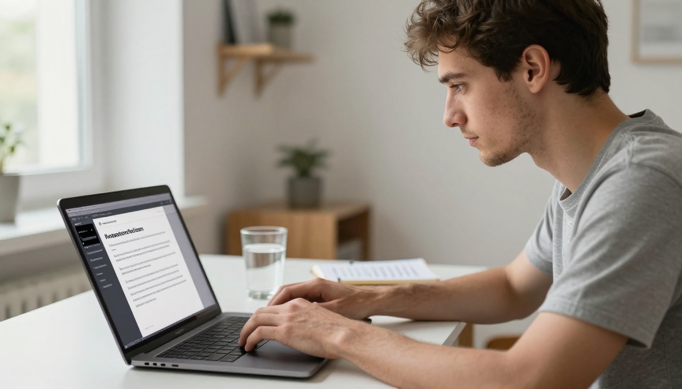 Young man crafting an AI poster prompt on his laptop in a bright Scandinavian home office