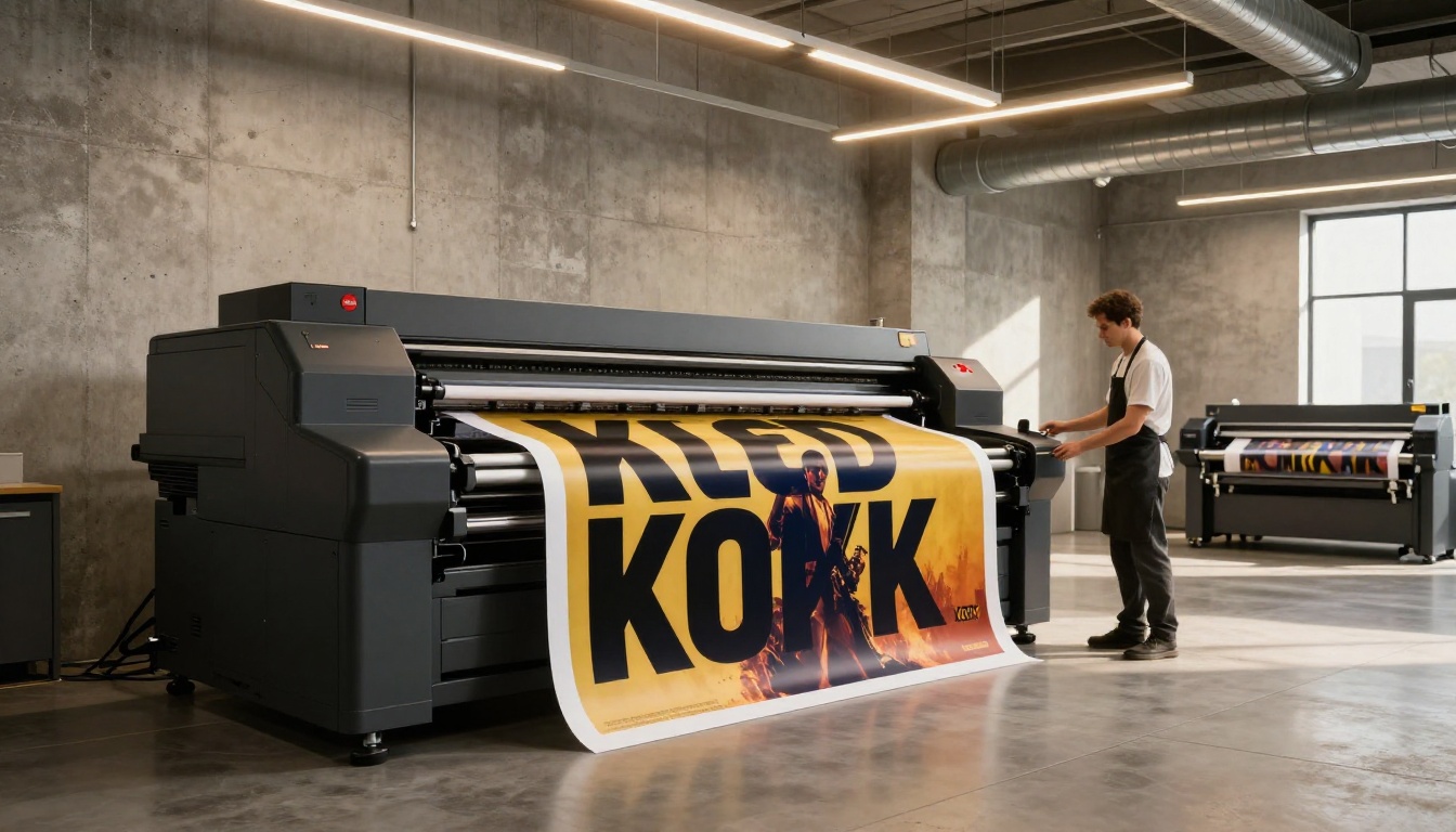 Professional print shop worker examining a freshly printed AI-generated event poster with bold legible typography