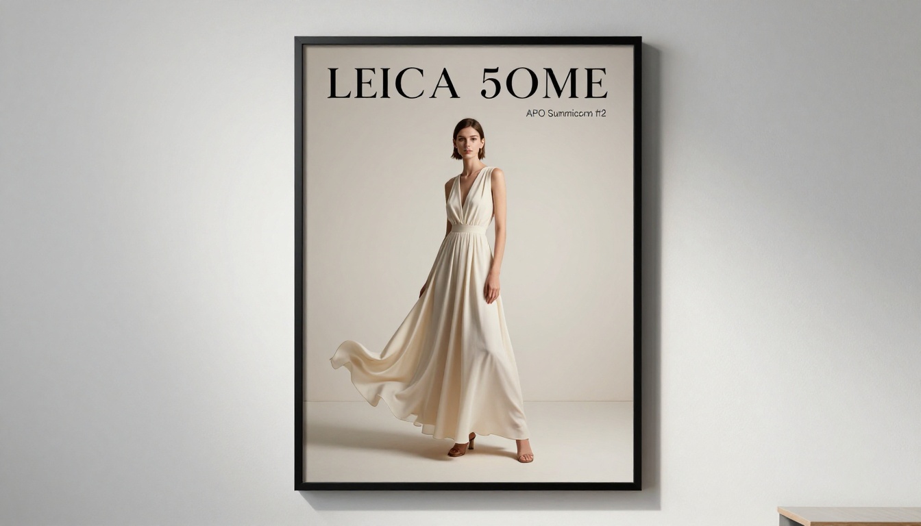 Elegant luxury brand AI-generated poster framed on a white gallery wall with sharp serif typography under gallery spotlight