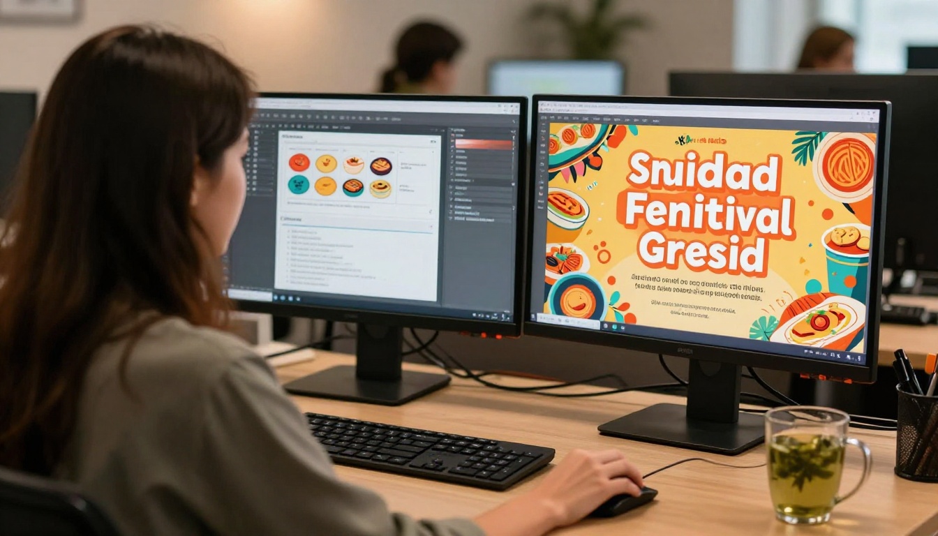 Female designer reviewing a completed AI food festival poster with bold orange typography on a dual monitor setup at a creative agency