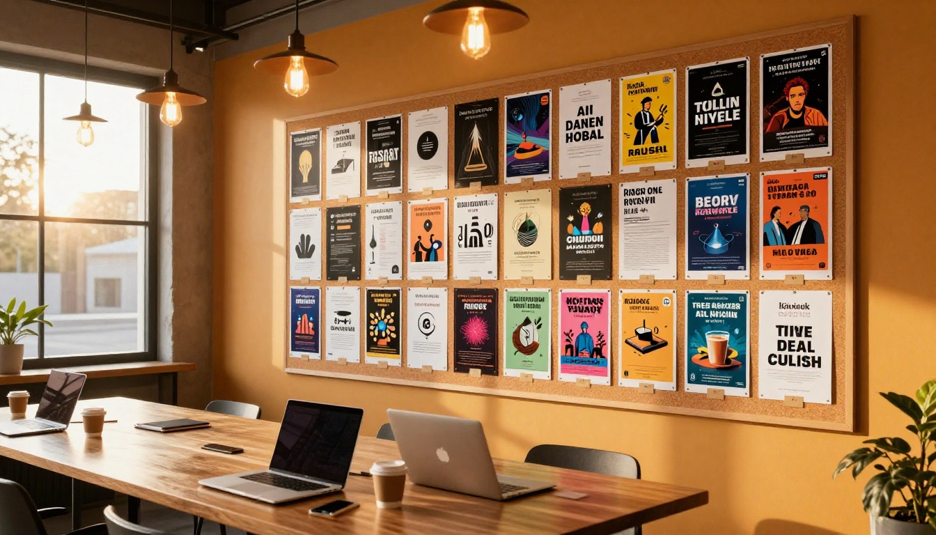 Modern co-working space with a cork board wall covered in diverse AI-generated poster designs featuring clear typography