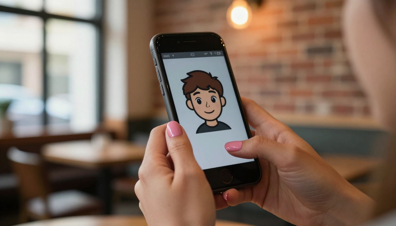 Close-up of hands holding smartphone showing cartoon avatar result