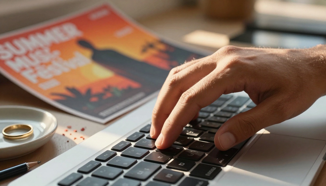 Designer's hands hovering over a keyboard crafting an AI poster prompt, printed AI summer festival poster visible in background