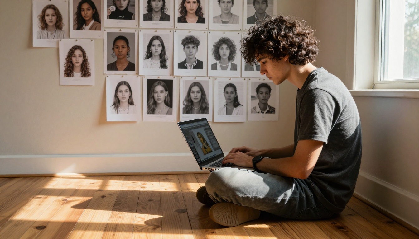 Creative young man surrounded by printed portrait variations pinned to a mood board