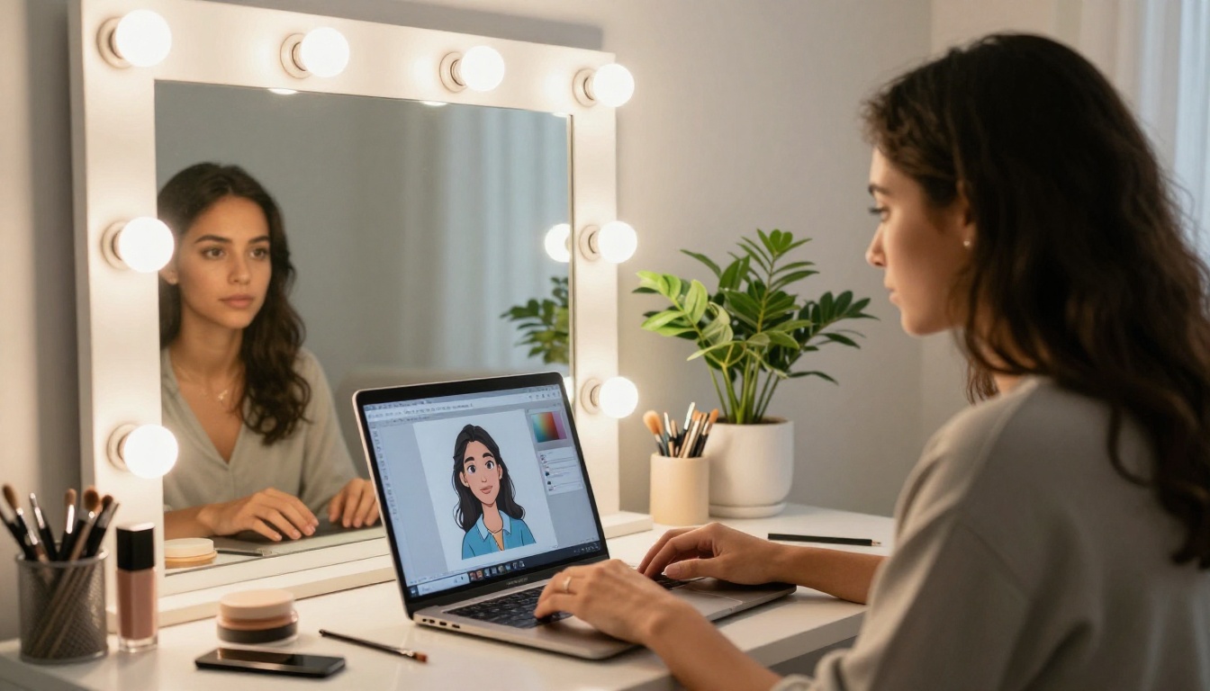 Woman comparing her photo with a cartoon version at a vanity mirror