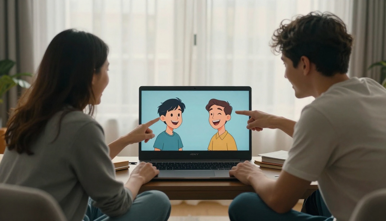 Two friends on a couch laughing while comparing their cartoon versions on a laptop