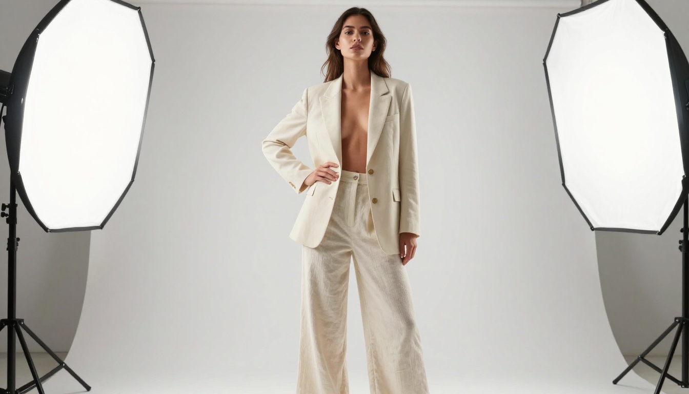 Full-length AI fashion editorial shot in a home studio with white backdrop, cream blazer and linen trousers