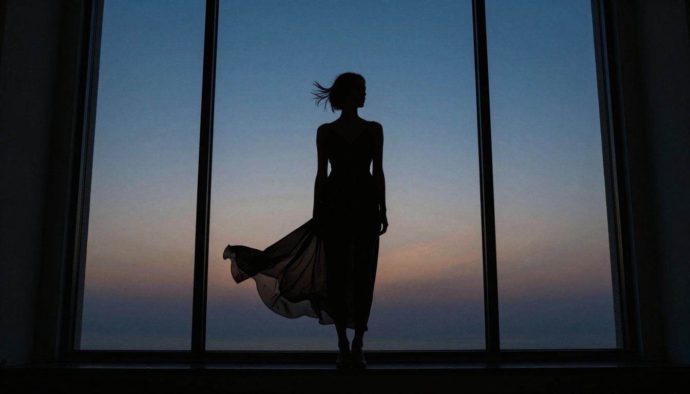 Dramatic silhouette fashion photo against a dusk window with cobalt blue sky
