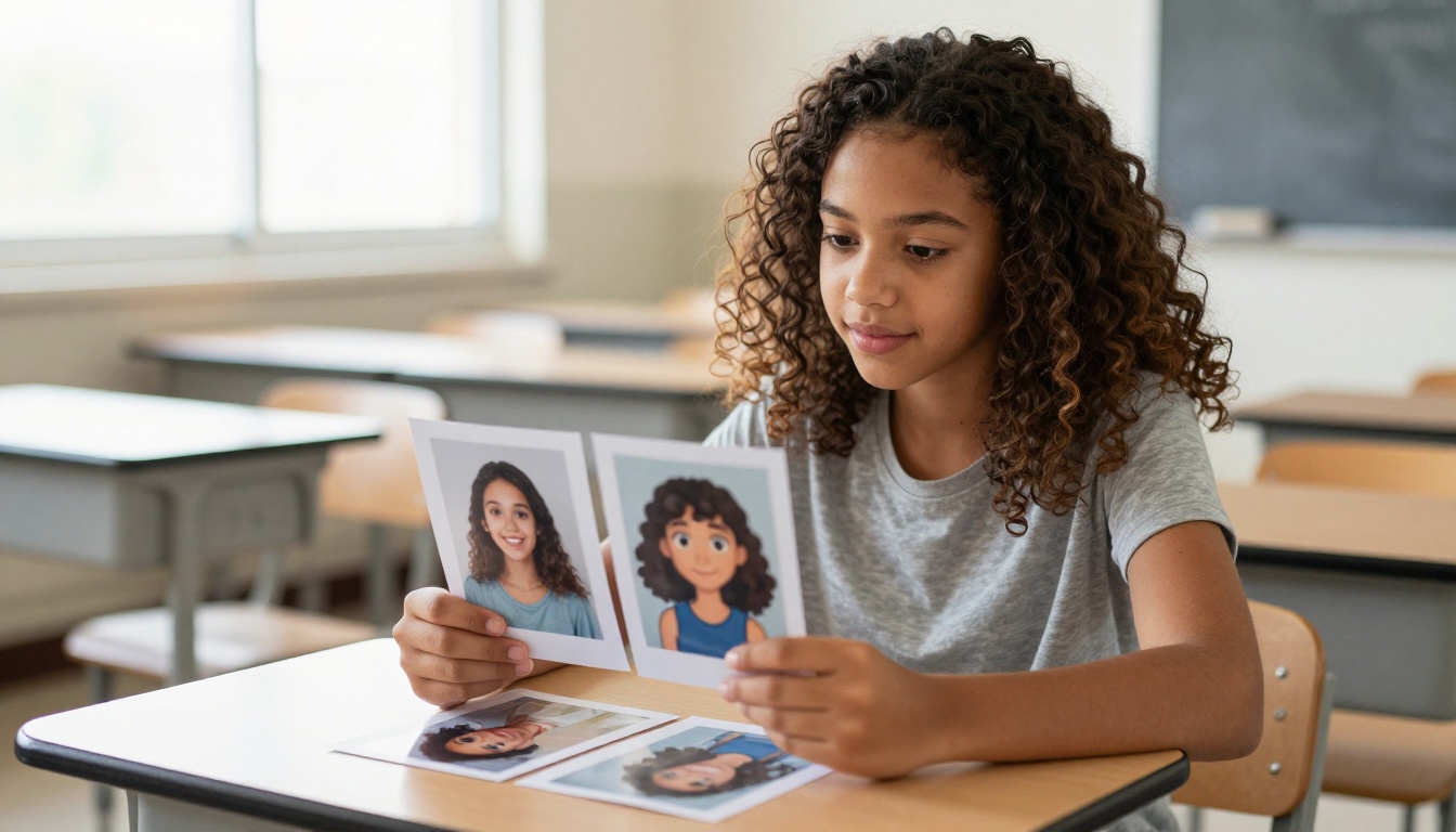 Teenager comparing real selfie with cartoon version printed on paper at school desk